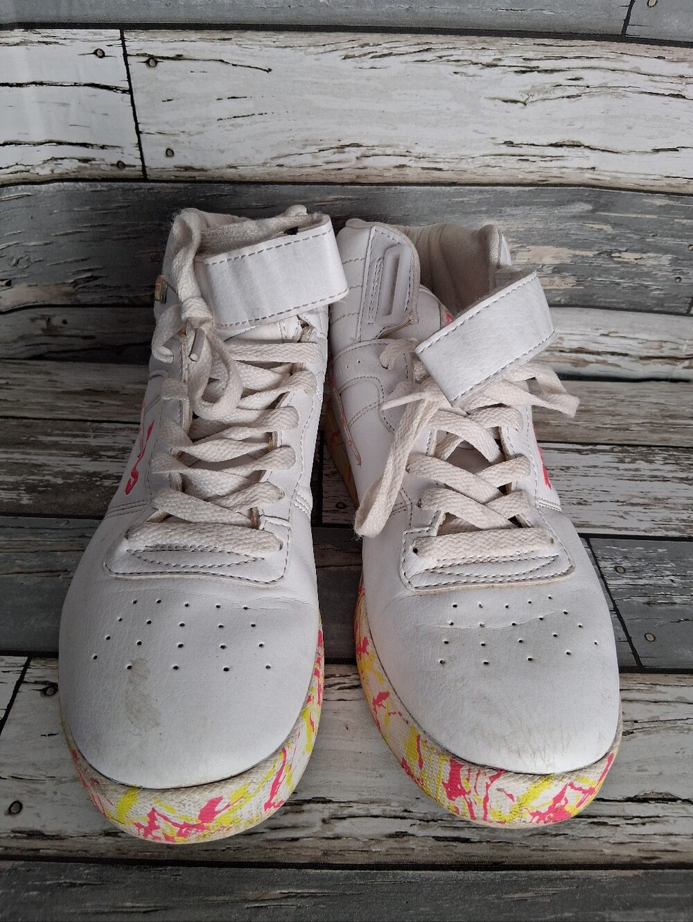 White High-Top Sneakers with Pink & Yellow Splatter Sole